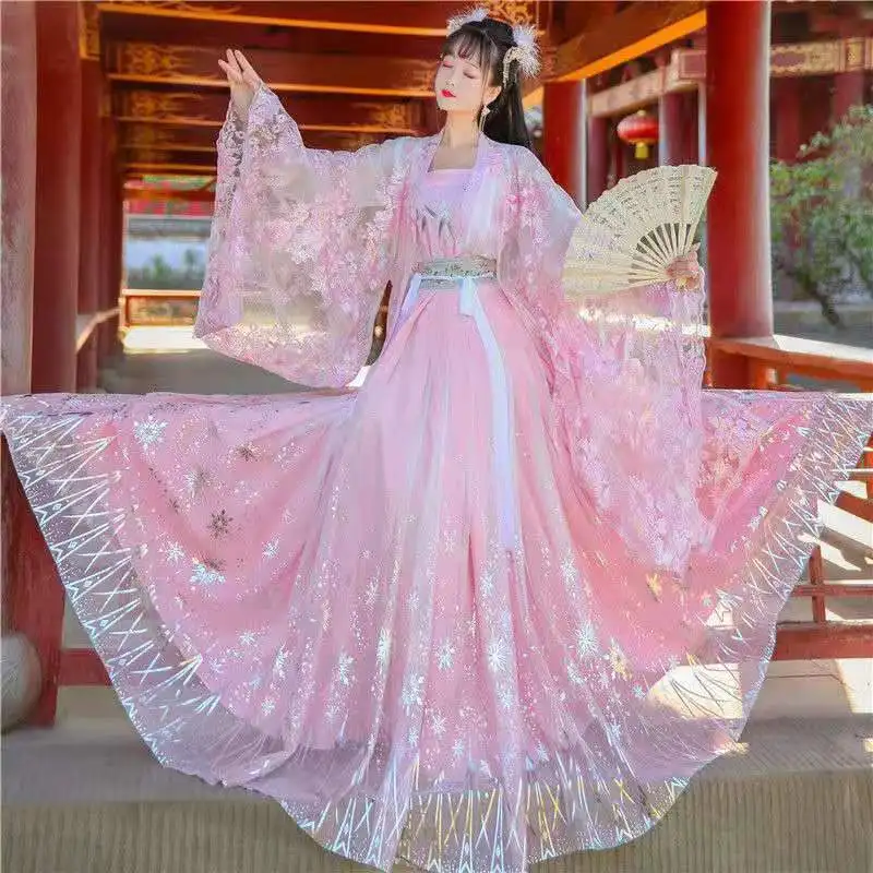 

Pink Hanfu Women Fairy Costume Cosplay Chinese Traditional Dress Set Shine Plus Size Hemline Women Clothing