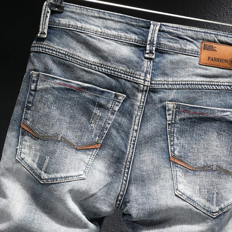 European Vintage Fashion Men Jeans Retro Light Gray Blue Elastic Slim Fit Ripped Jeans Men Korean Designer Casual Denim Pants