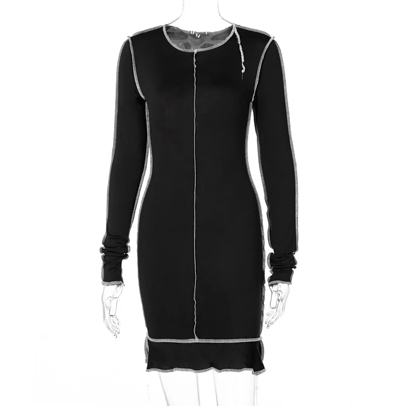 

Contrasting Color round Neck Dress Women's 2020 New Style for Autumn and Winter Fashion Long-Sleeved Slim-Fit Hip Skirt
