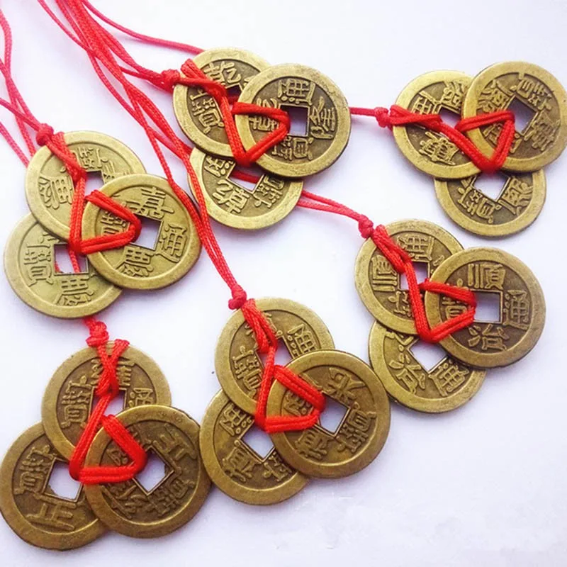 

New 2 Strings Red Chinese Knot Copper Feng Shui Wealth Success Lucky Charm Home Car Hanger Vintage CHING Copper Coins
