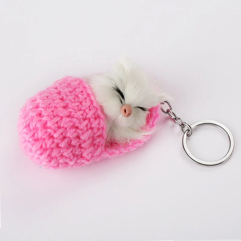 Cute Sleeping Cat Pompom Keychains Women Girls Handmade Woven Slipper Faux Fur Kitten key Rings Fluffy Bag Car Pendants Gift | Украшения и