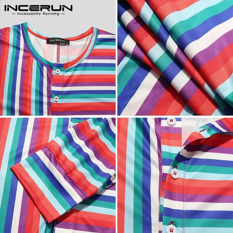 

Man Leisure Buttons Patchwork Jumpsuit Homewear INCERUN Men Colorful Striped Onsies Long Sleeve V Neck Fitness Romper Sleepwear