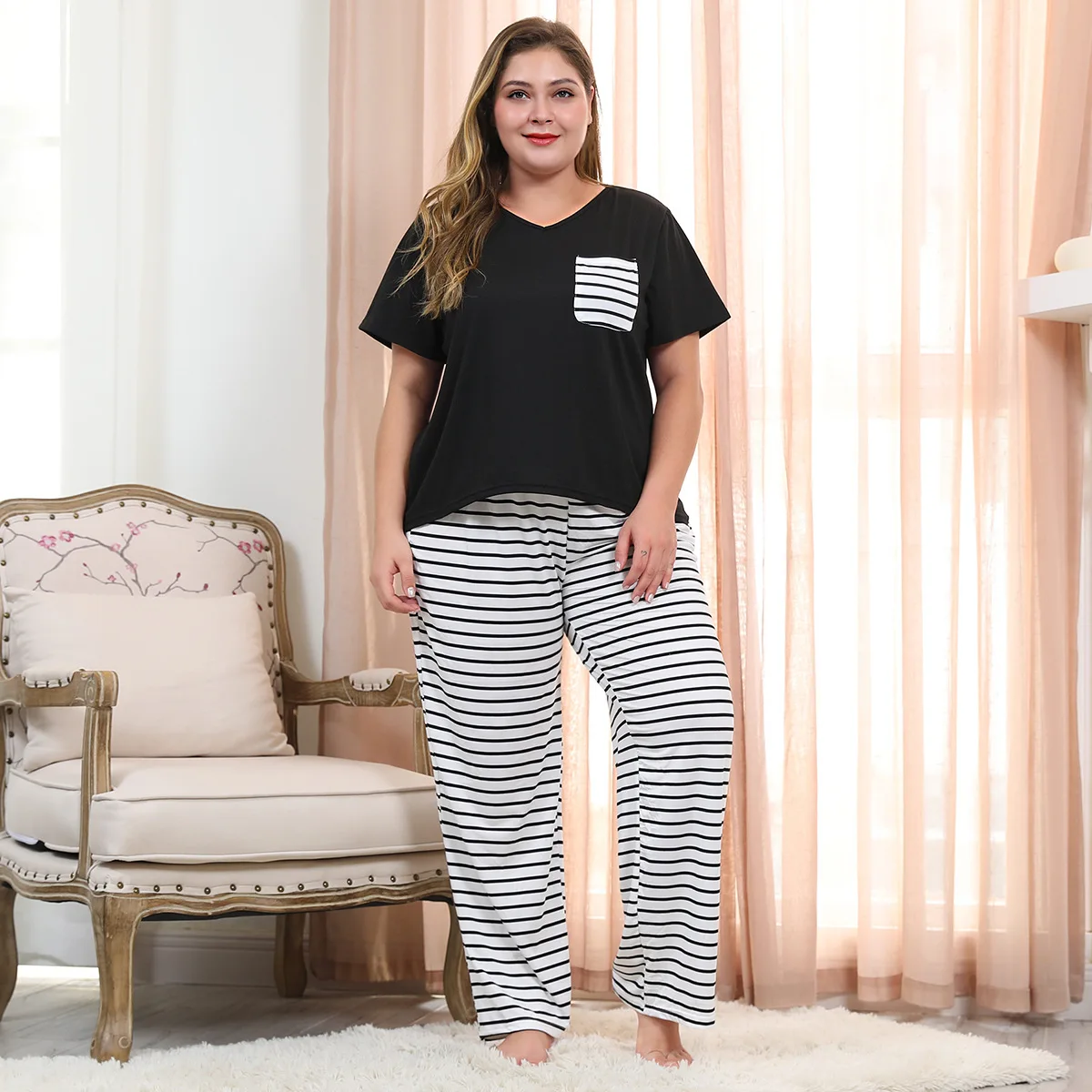 

Solid Color Stitching Striped Pocket V-neck Short-sleeved Top Striped Pants Large Size Home Suit Plus Size Women Home 2 Pcs Sets