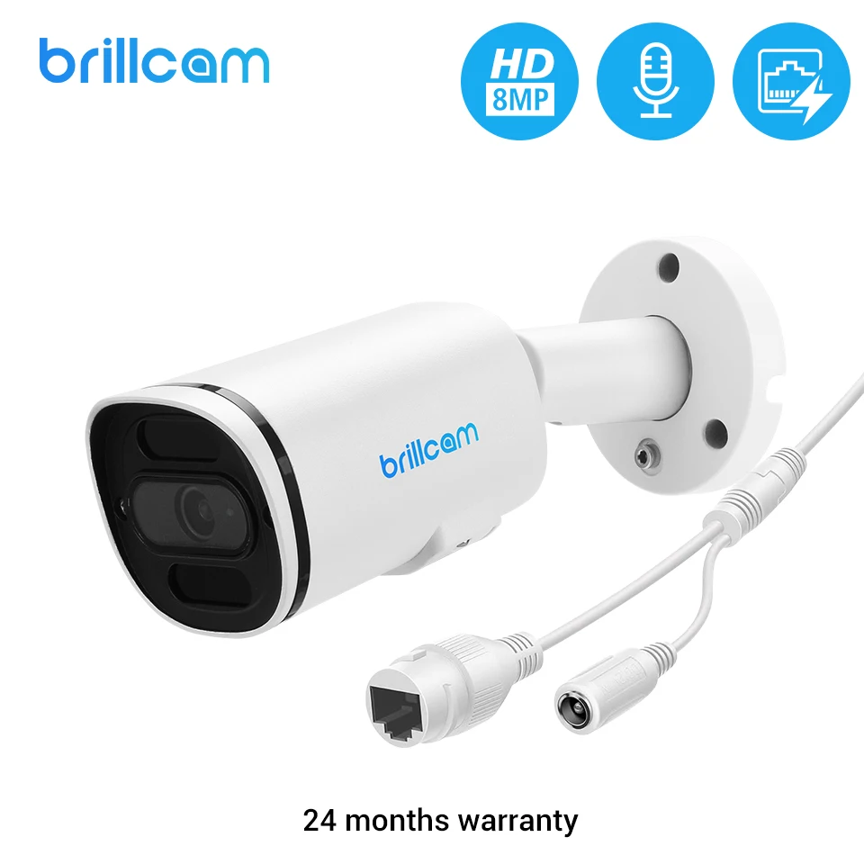 

Brillcam 8MP UHD IR Bullet IP Camera with 2.8mm PoE IP67 Weatherproof AI Micro SD Recording Built in Microphone Outdoor Cam