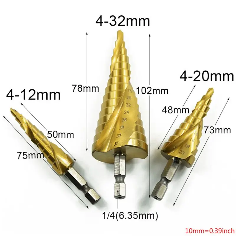 

3Pcs Spiral Grooved 4mm to 32mm Multiple Hole 29 Sizes Step Drill Bits and 6 Pcs Countersink 90 Degree Center Punch Tool