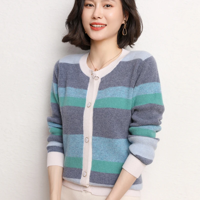 Осенний Новый кардиган с круглым вырезом свитер шерстяное вязаное однобортное