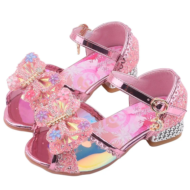 

Girls Crystal Sandals Princess High Heel Dress Shoes Sequined Bowtie Kids Party Wedding Shoes Teenage Graduation Festival Sandal