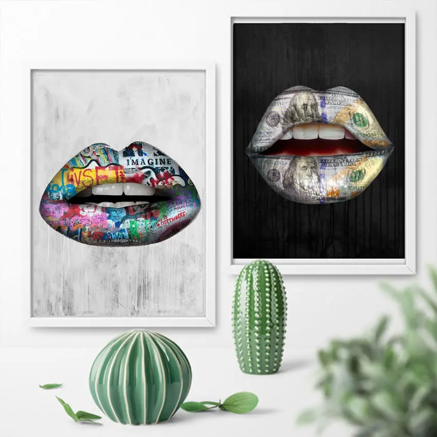 

Настенный постер на холсте с принтом денег, губ, картины маслом
