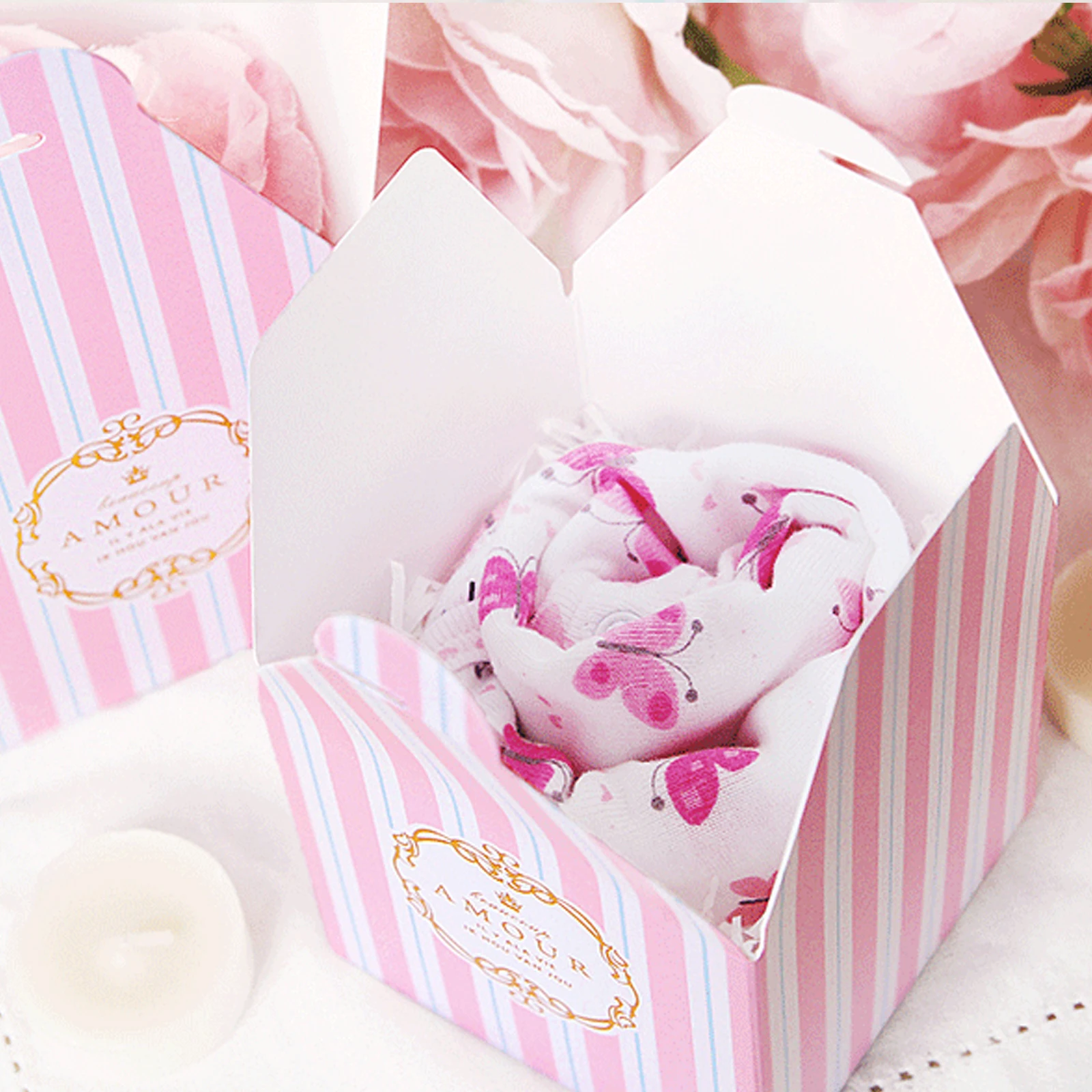 5 шт./лот серый/синий/розовый полосатые носки карамельного коробка с ленточками