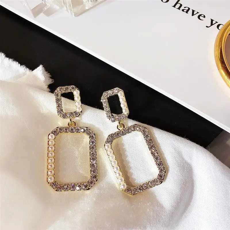 Супер флэш smullated кристалл жемчуг прямоугольные серьги Мода хипстер