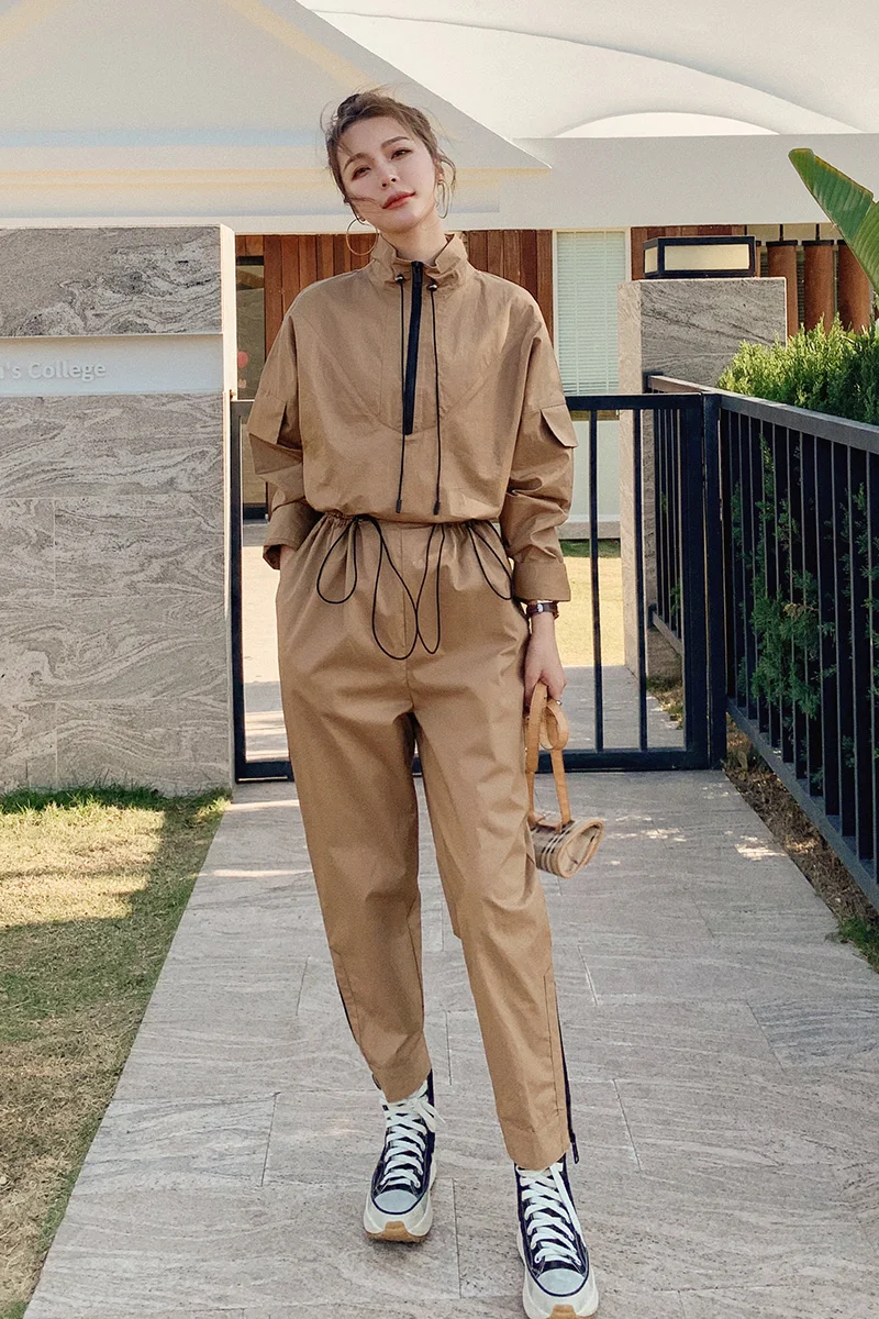

Women Drawstring Waist Long Sleeve One Piece Jumpsuit Spring Autumn Female Street Hip Hop Loose Cargo Pants Sets Romper Overalls