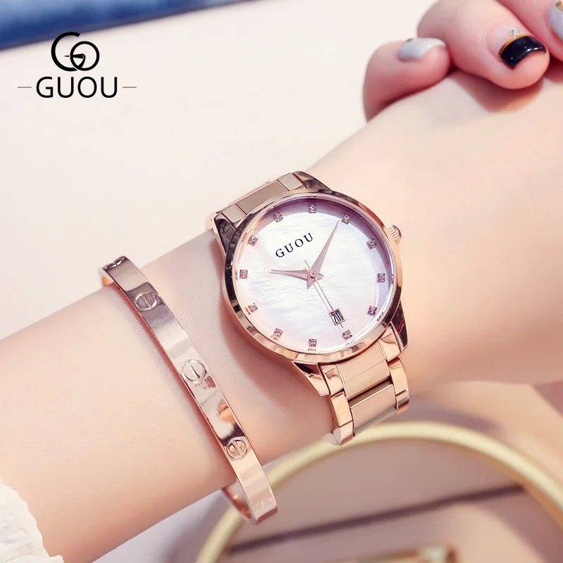 Часы наручные женские из розового золота брендовые роскошные модные простые