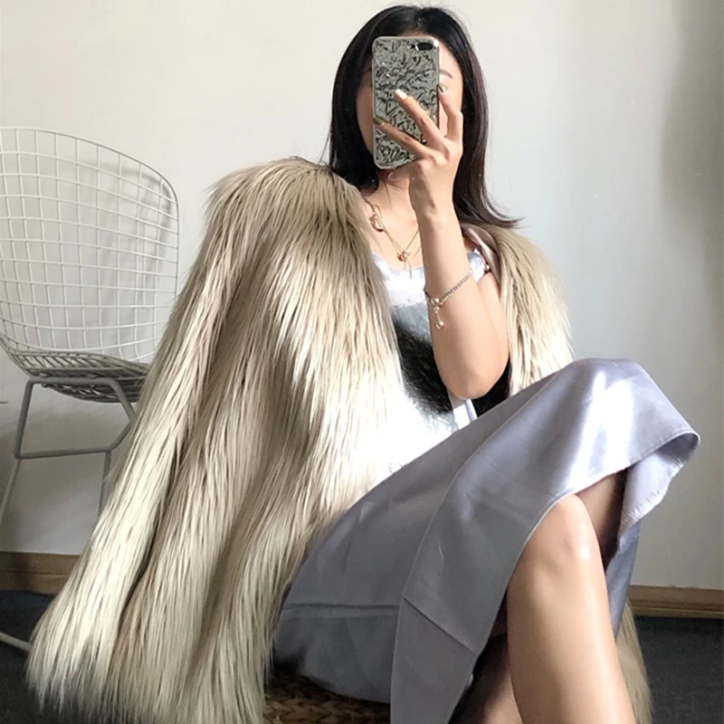 Меховое пальто женское пушистое теплое с длинным рукавом женская верхняя одежда