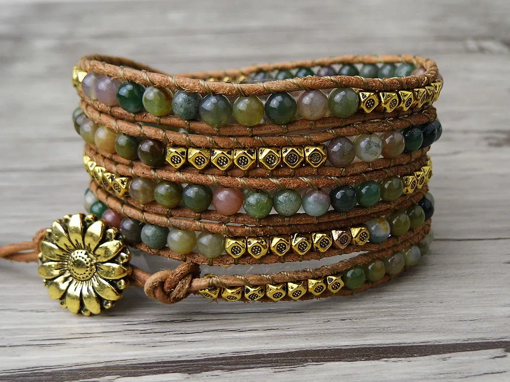 5 рядов кожаных браслетов ручной работы с иниданом агатами бусинами слоями