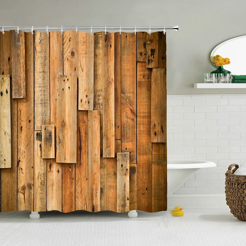 

Old Wood Grain Shower Curtain Fabric Bathroom Curtains European Retro Waterproof Polyester Decoration Bath Screen With 12 Hooks