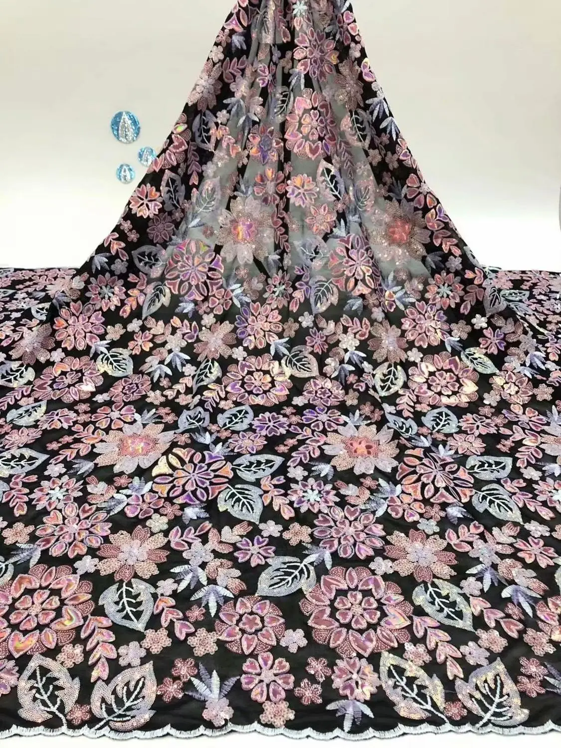 

African Velvet Sequins Lace Fabric High Quaity 3d Sequins Fabric Embroidery Tulle Lace Fabric For 5yards Lace Party FDF1113