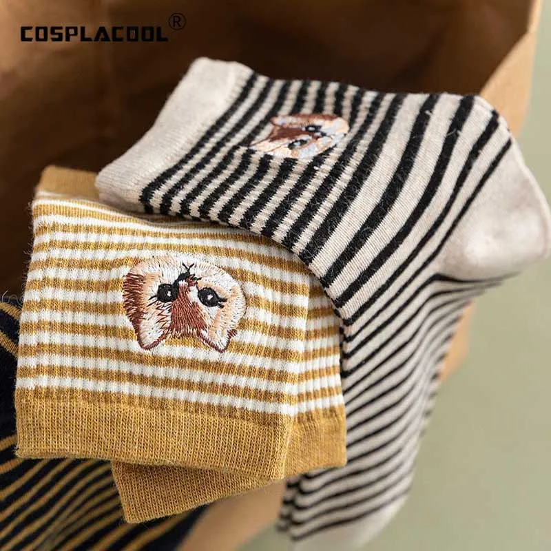 Забавные носки в полоску с вышивкой виде животных милые корейские стиле