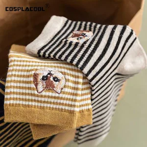 Забавные носки в полоску с вышивкой в виде животных, милые корейские носки в стиле Харадзюку, женские Веселые Творческие носки в студенческом стиле