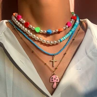 candy color heart clay pearl beaded choker smiley necklace for women mushroom cross pendant seed beads necklace y2k jewelry gift
