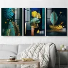 Настенная картина в китайском стиле, постер с изображением зеленых и золотых цветов, растений, Листьев, для домашнего декора гостиной