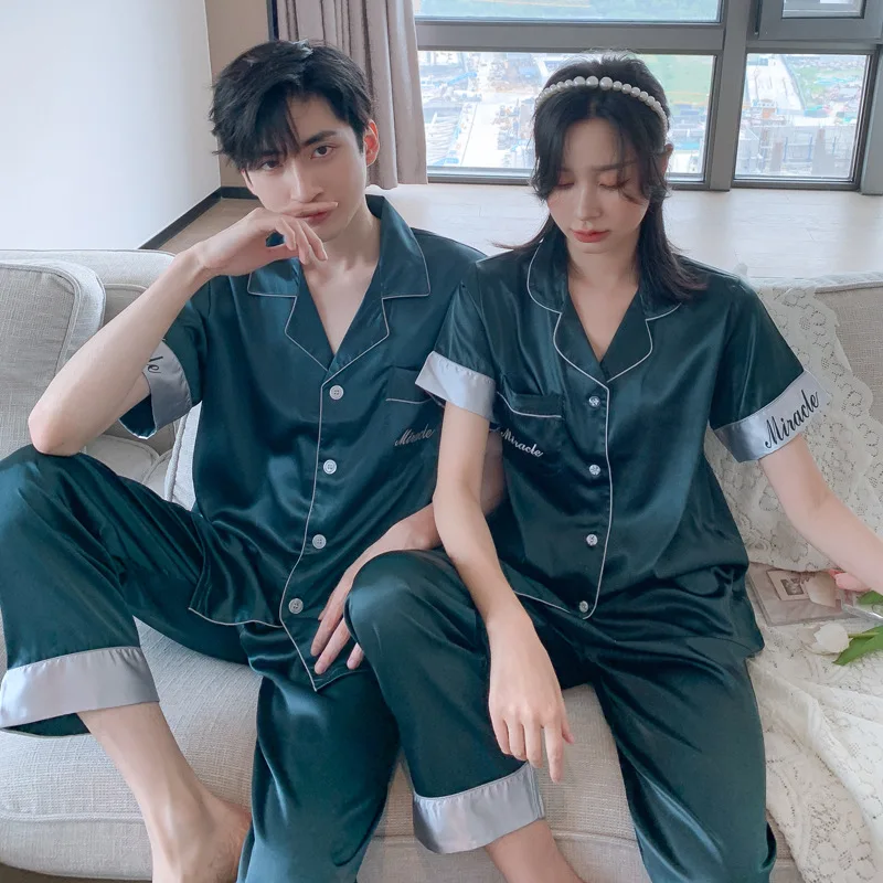 Matching Pajamas Couples Long Sleeve Pajamas for Teen Girls Pants Mens Lounge Wear Silk Pajamas for Men Lace Edge Sleepwear Set