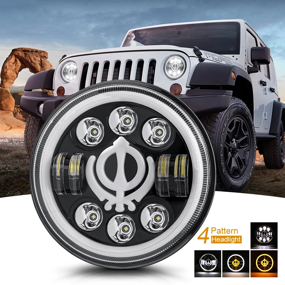 

7" 7inch Motorcycle LED Headlight DRL H4 Halo Angel Eyes Ring Amber White Turn Signal Lamp For Jeep JK TJ 4x4 Yamaha Lada Niva