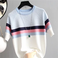 knit plaid summer short sleeve striped pullover women sweater knitted 2021 sweaters tops korean fashion pull femme jumper female