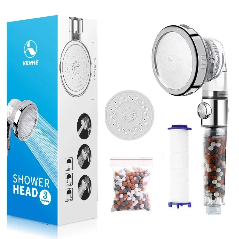 

Bathroom SPA Shower Head 3 Modes Adjustable High Pressure Water Saving Filter Spray Nozzle Replaceable Panel and Filter Elements