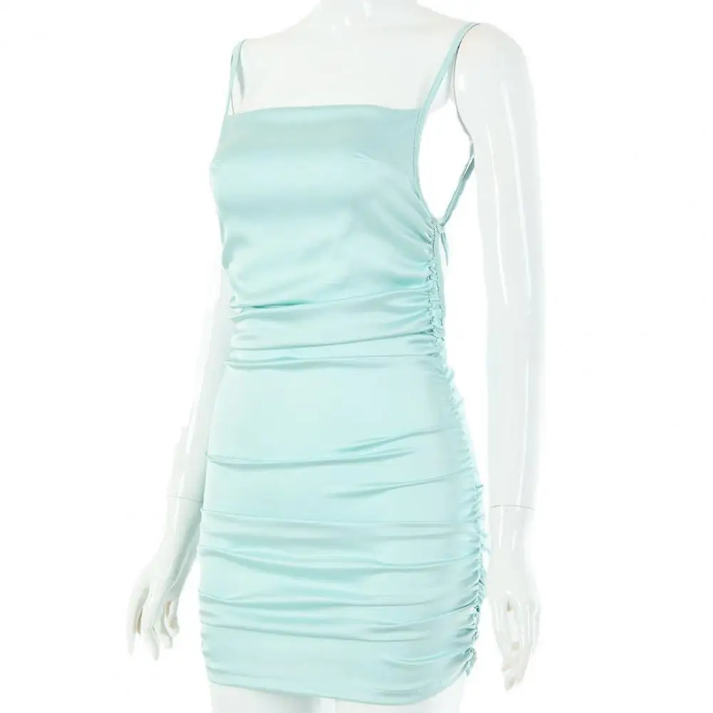 

Hot Sales Party Dress Spaghetti Straps Bodycon Women Backless Ruched Mini Sling Dress for Summer