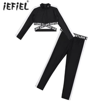kids girls clothes sets stripe long sleeve letter print sport tanks crop top with leggings workout dancewear gymnastics outfit