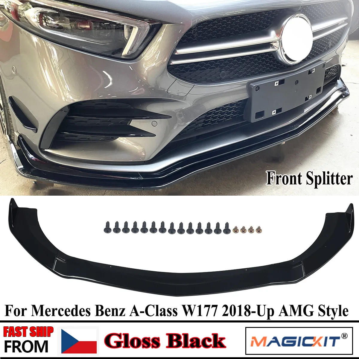 

MagicKit For Mercedes A Class W177 Front Bumper Lip Splitter 2018+ Gloss Black AMG Look