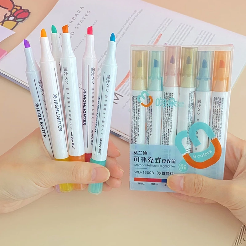 

6 Colors Multi-purpose Refillable Colored Highlighter Set Marker Pen Oblique Tip