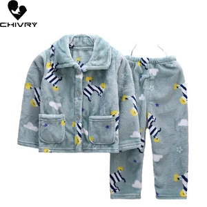 New 2021 Kids Boys Girls Autumn Winter Flannel Keep Warm Pajama Sets Cartoon Print Lapel Tops with Pants Sleeping Clothing Sets