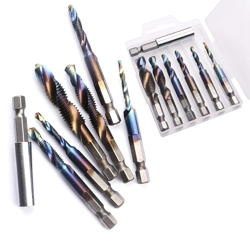 

HOT-7Pcs M3-M10 Titanium Coated HSS Spiral Flute Metric Taps Set 1/4inch Hex Shank Screw Taps Tool Set