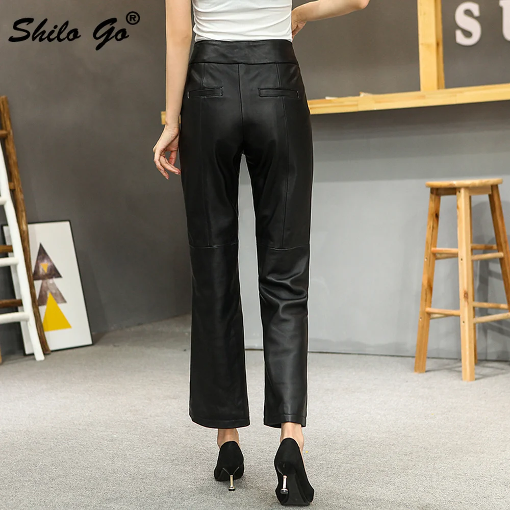 

Elegant Buckle Belted Pants Womens Winter High Waist Genuine Leather Small Flare Pants Solid Office Lady Sheepskin Trousers