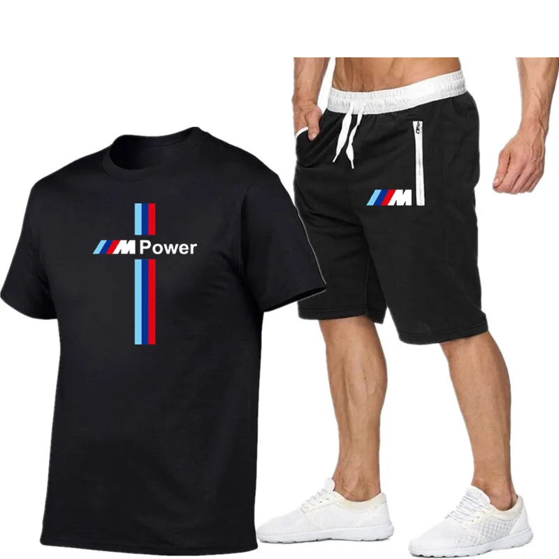 

2021 Summer Men's BMW Short Sleeve Custom Solid Color Printed T-shirt Comfortable Casual Top Fashion T-shirt + Pants 2 Set