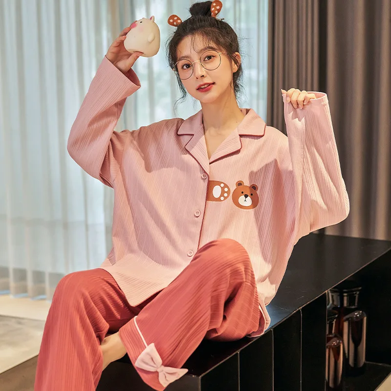 

Зимний женский кардиган, пижамные комплекты, хлопковая теплая пижама с длинным рукавом, милая Пижама с медведем для девочек, милые розовые ш...