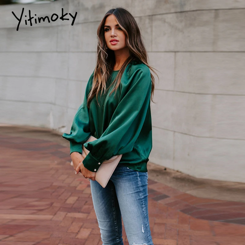 Зеленые атласные элегантные блузки женские рубашки с длинным рукавом