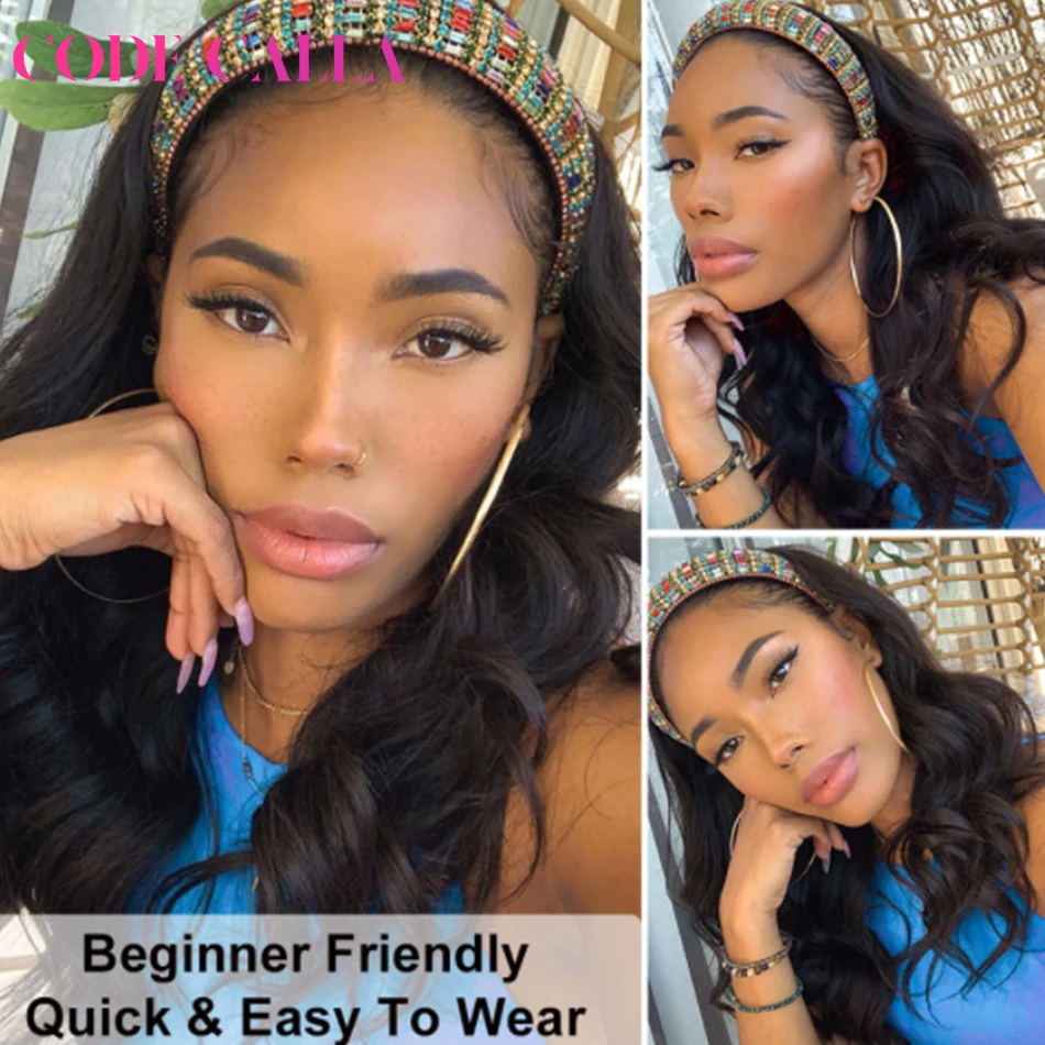 Code Calla Body Wave Headband Wig Human Hair Wigs For Black Women Brazilian Scarf No Gel Glueless Remy Curly | Шиньоны и парики