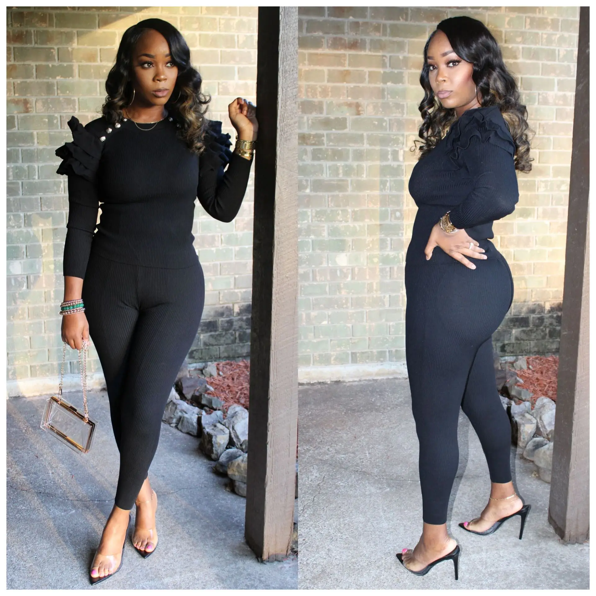 

Fashion Solid Color Layered Ruffled Long-Sleeved Two-Piece Suit Knitted Pullover Top Skinny Pencil Pants For Women Set