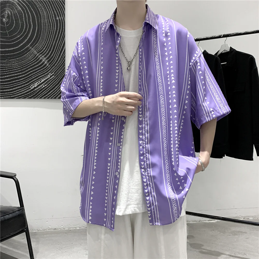 

2021 Striped Hip Hop Shirts Men's Cool Oversized Shirt Homme Japanese Tops Short Sleeve Shirt Streetwear Punk Blouse Clothing