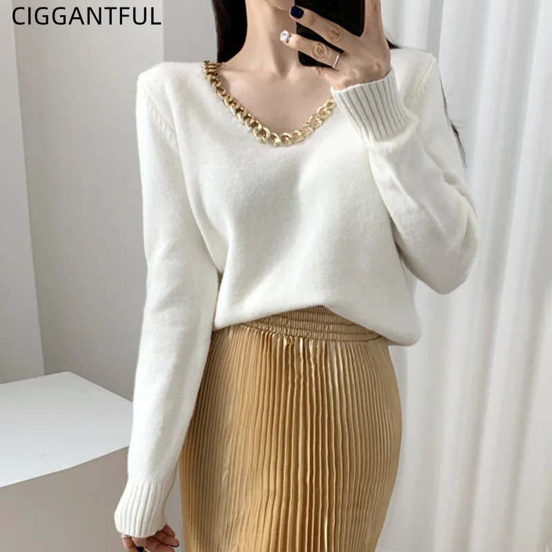 

Женский пуловер с v-образным вырезом и декоративной металлической цепочкой, свободный свитер с длинными рукавами в Корейском стиле, модный ...