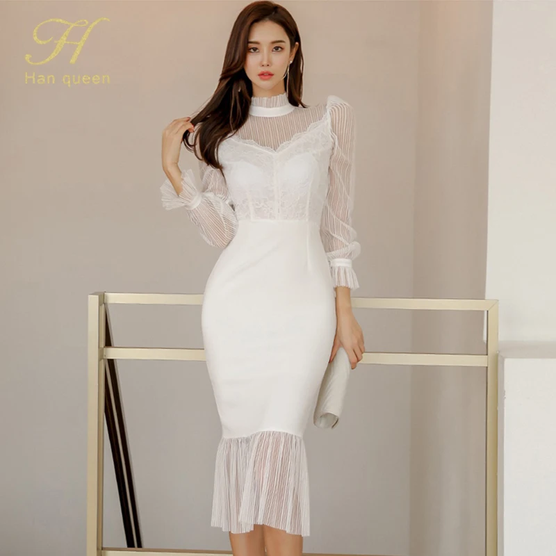 

H Han Queen winter new mesh stitching lace lantern sleeve fishtail dress elegant office chic simple fashion party women dresses