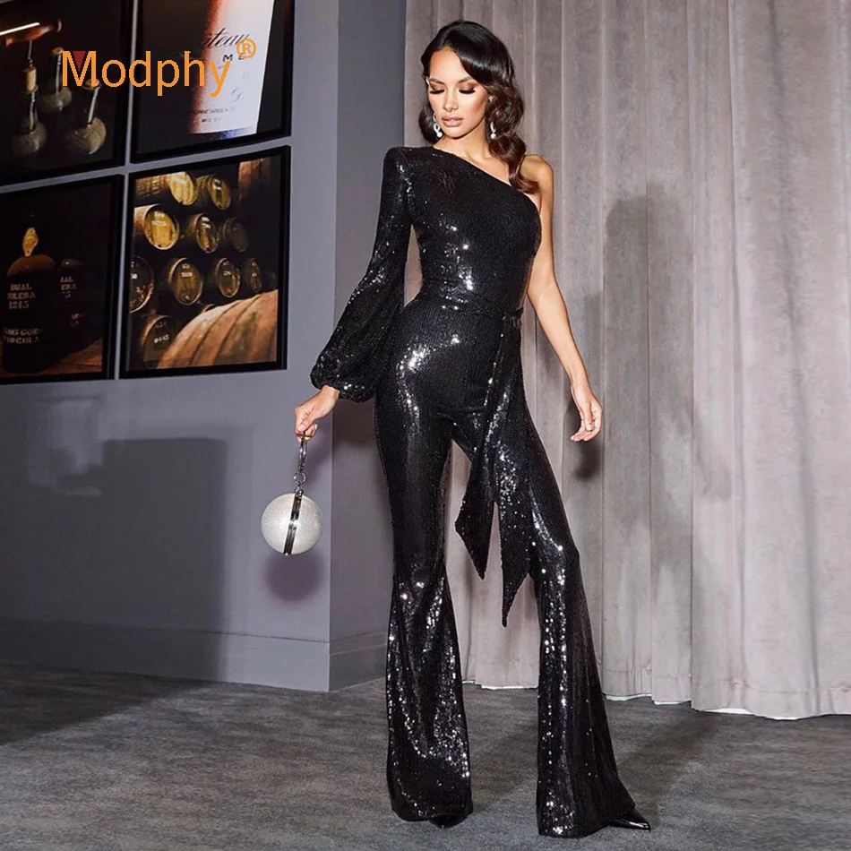 Сексуальный женский черный комбинезон с блестками для клувечерние на одно плечо