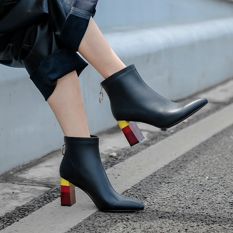 Женские ботильоны из коровьей кожи радужные ботинки на Высоком толстом каблуке с