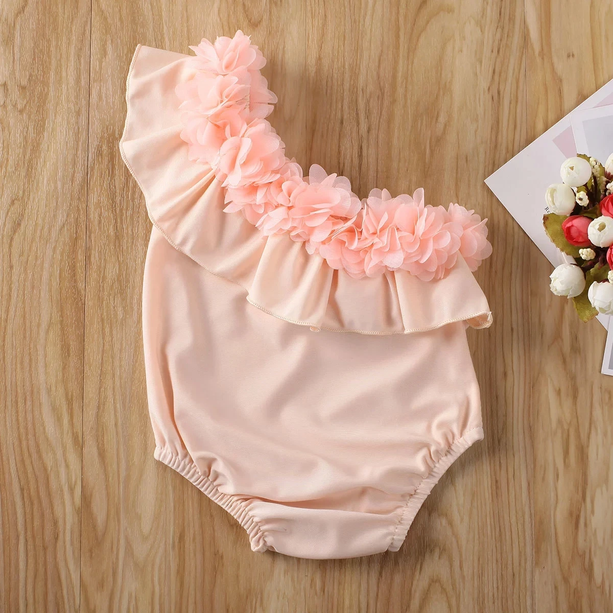 

Newborn Baby Girl Sleeveless Flower Swimwear Romper, One Shoulder Ruffle Floral Bathing Suit, Beachwear One-Piece Cloth 0-24M