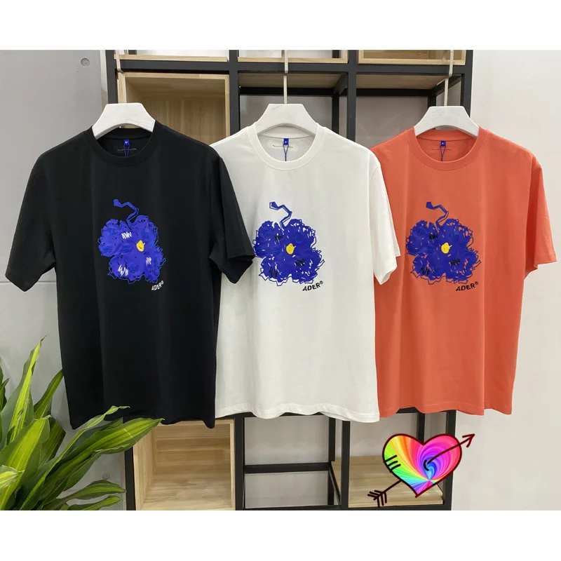 

2021, футболка ADER ERROR Bluessom для мужчин и женщин, Высококачественная футболка с синими цветами и вышивкой, топы с коротким рукавом и граффити