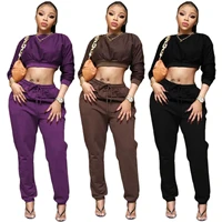 oluolin fall fashion solid sports outfits ladies round neck long sleeve waist short crop top lace up trousers street loungewear