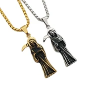 gothic jewelry retro punk skeleton charm pendant stainless steel the death grim reaper necklace for men hiphop necklace