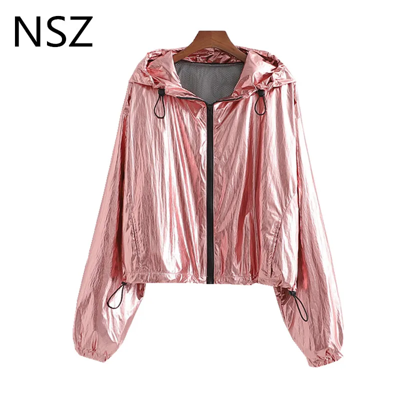 NSZ Женская металлическая цветная яркая с капюшоном куртка на молнии Укороченное